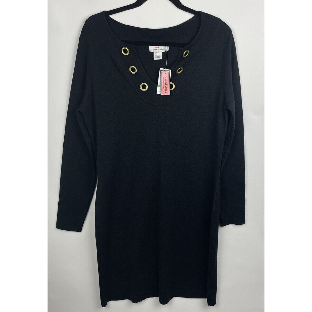 Vineyard Vines Womens Sweater Dress Wool Solid Black Above Knee Sz Large $198